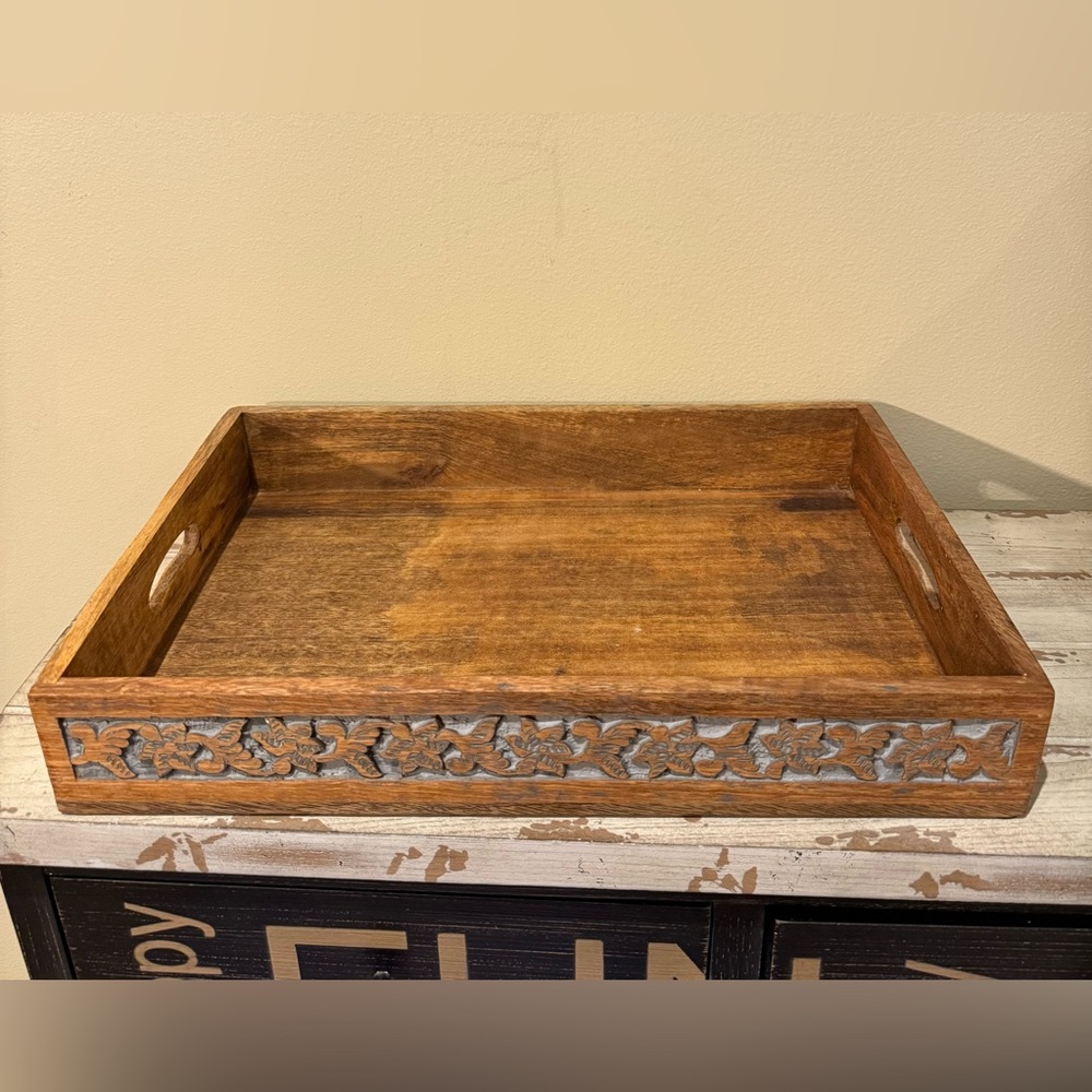 Wooden Tray with Carved Design And Handles